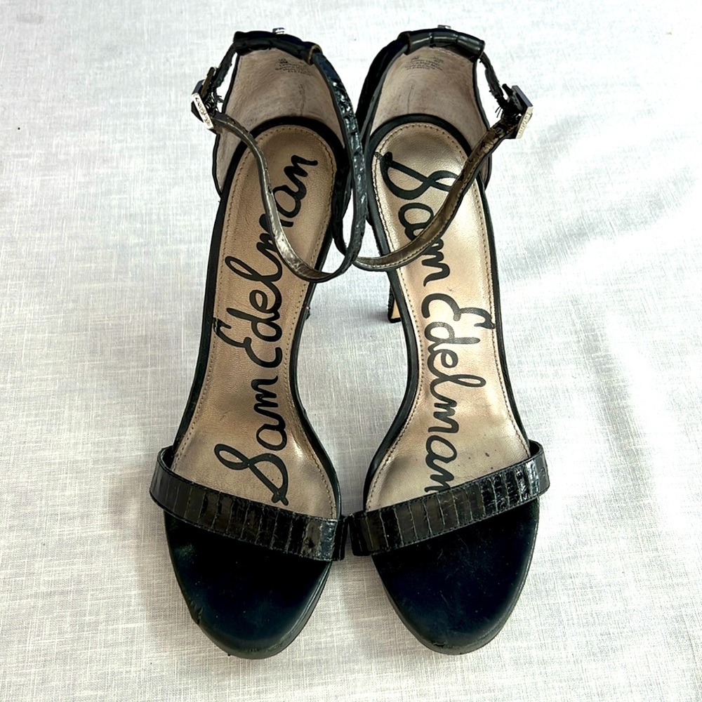 🌞 Sam Edelman black strappy leather upper snakeskin 5” stilettos women size 9